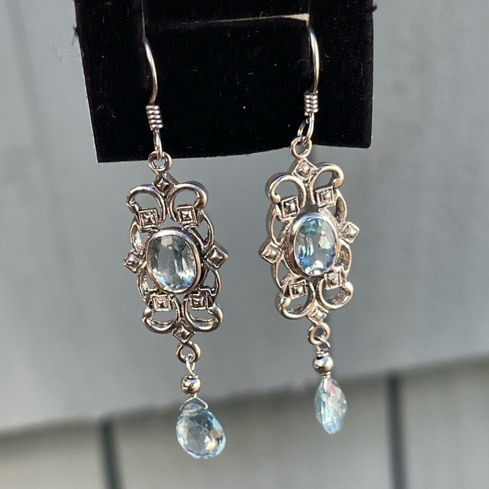 Vintage Style Blue Clear Crystal Dangle Earrings hooks 925 silver boho